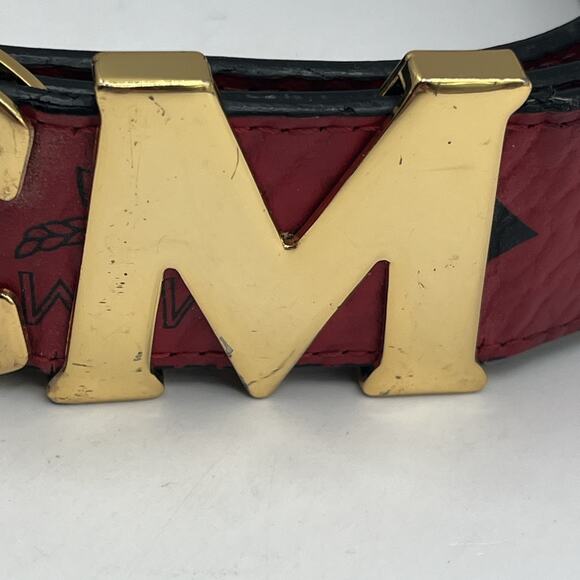 MCM Claus Red Visetos 24k Rolled Gold Buckle Belt Logo On Leather AS IS DAMAGED - Picture 8 of 16
